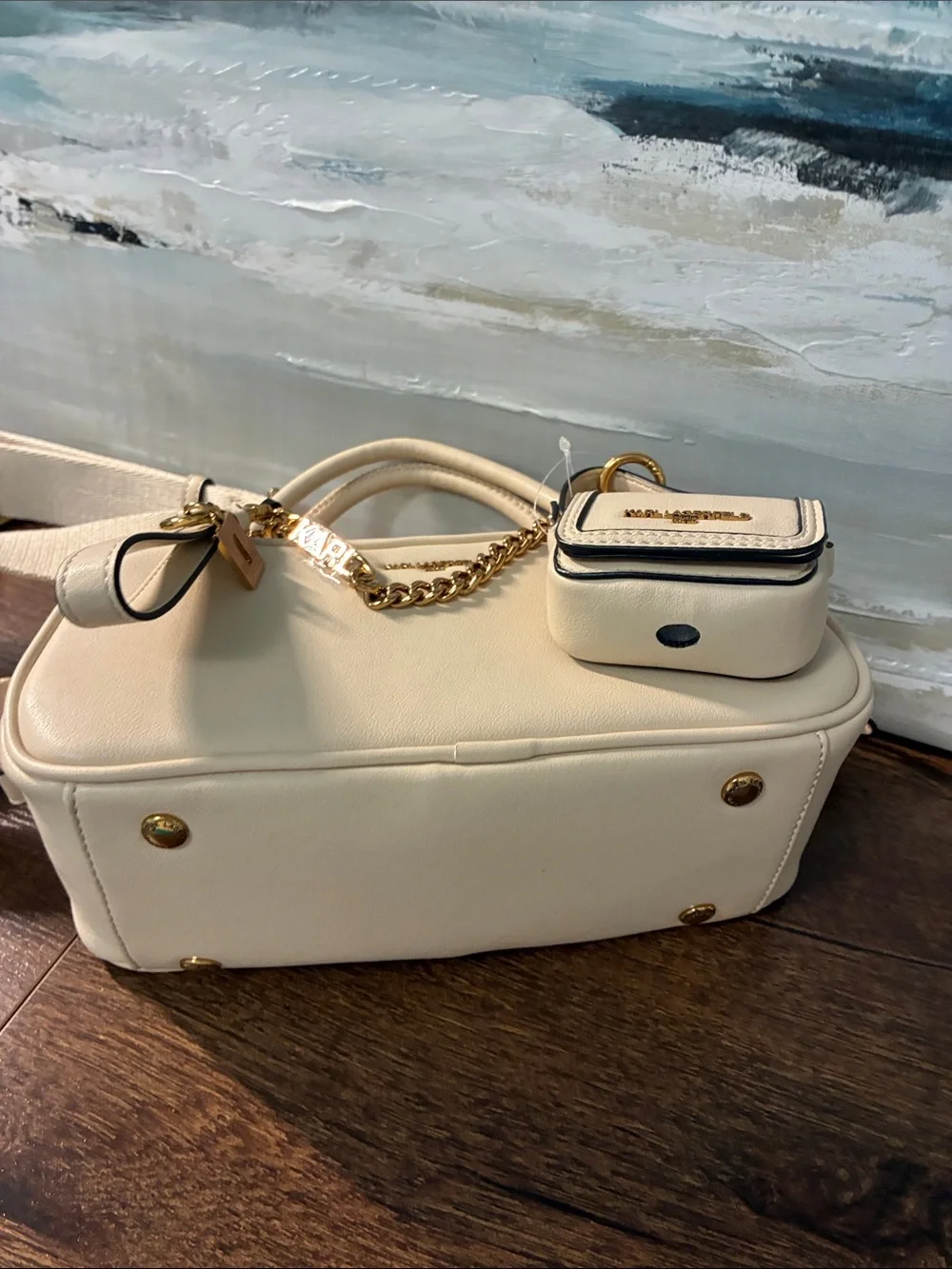 Karl Lagerfeld Cream Satchel with Gold Chain and Charm
